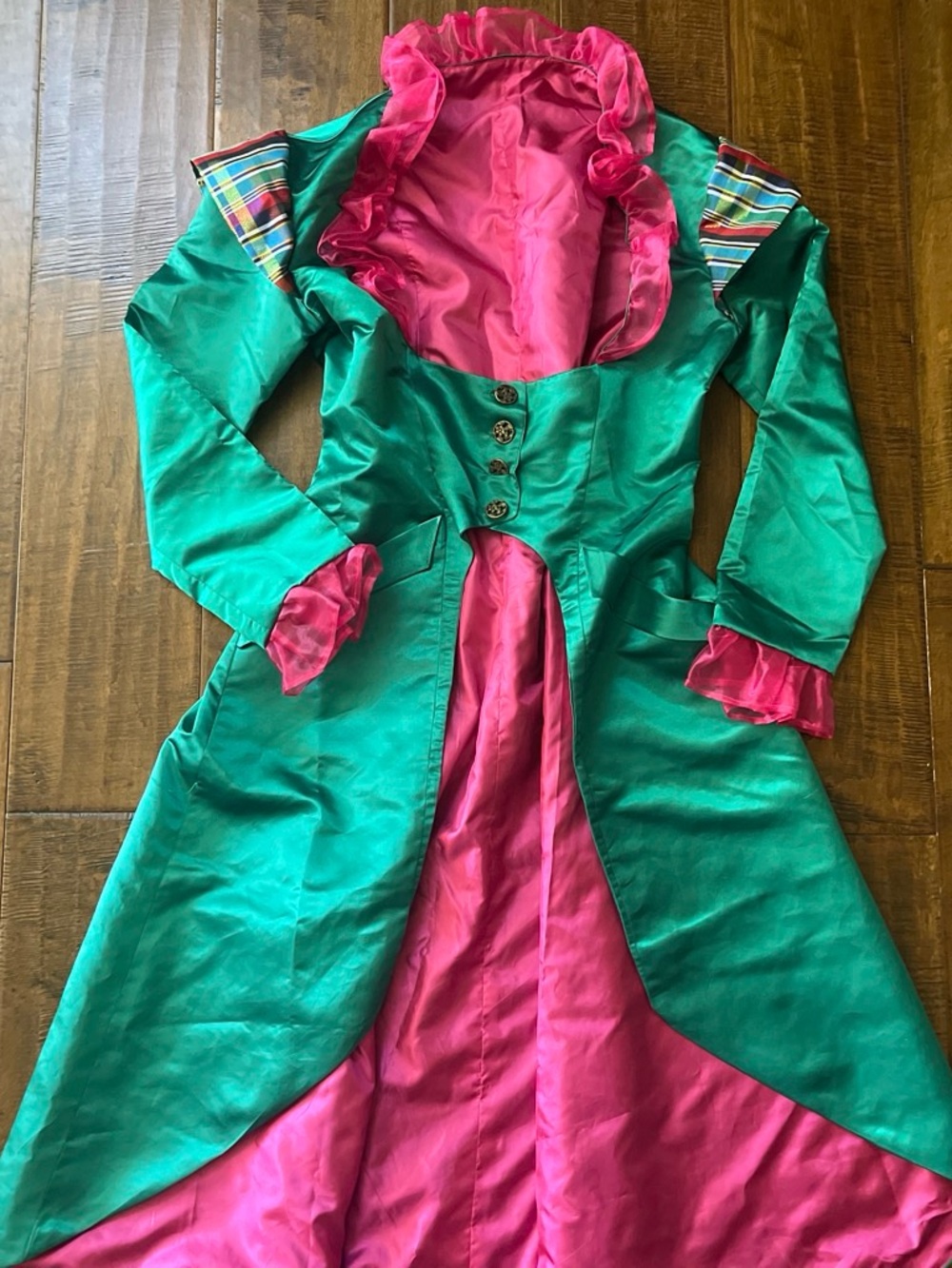 Disney Delux Mad Hatter costume coat: emerald green and hot pink satin coat
